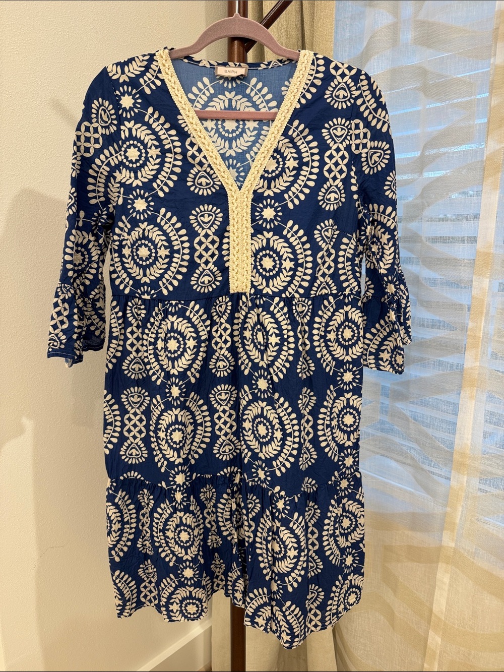 Blue & Cream Printed V-Neck Tunic Dress